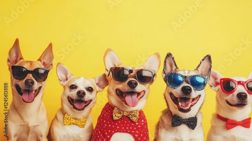 A playful pack of dogs dressed in funky, mismatched costumes, rocking sunglasses and bow ties, striking hilarious poses against a bright yellow background.