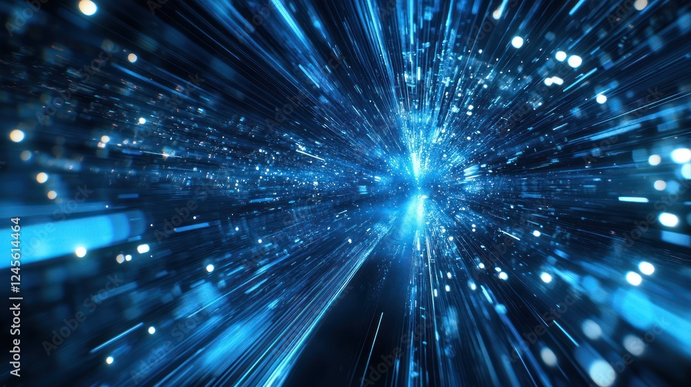 Naklejka premium Blue digital data stream, futuristic tunnel, background blur, tech concept