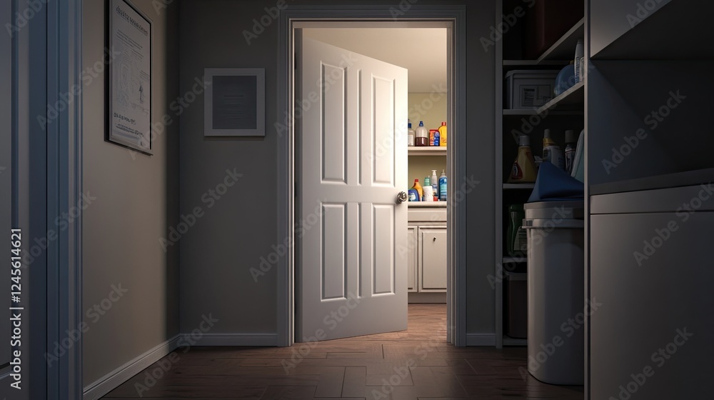 A clean utility closet door slightly open, revealing perfectly organized cleaning products inside. A clean utility closet door slightly open, revealing perfectly organized cleaning products inside.
