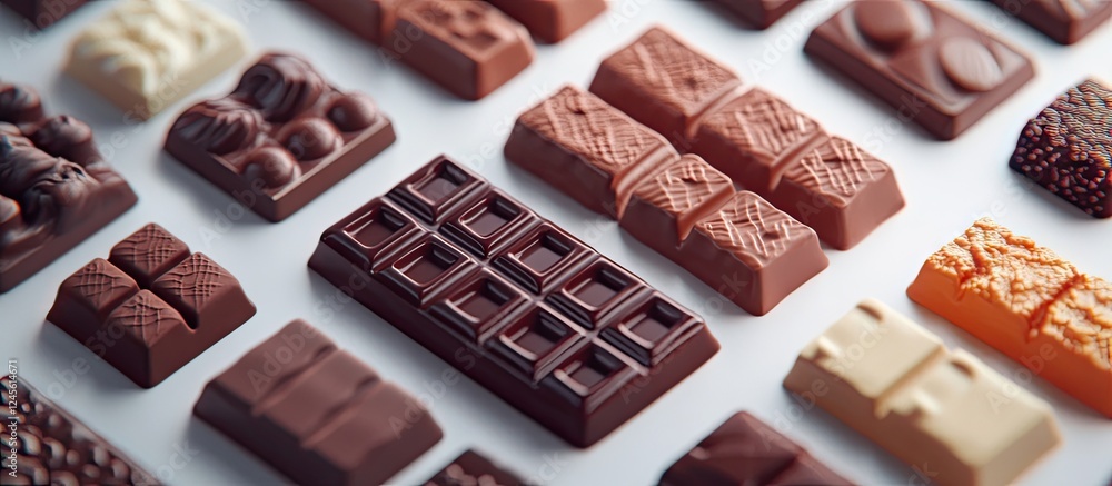 Variety of chocolate bars arranged on a clean white surface featuring dark, milk, and white chocolate with diverse textures and shapes. Variety of chocolate bars arranged on a clean white surface featuring dark, milk, and white chocolate with diverse textures and shapes.