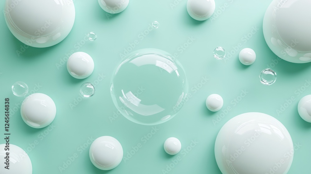 White spheres, bubbles, pastel background, product display White spheres, bubbles, pastel background, product display