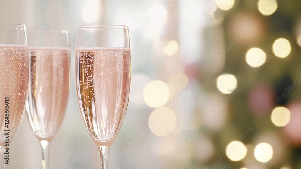 Two elegant champagne flutes filled with pink bubbly, set against a softly lit background featuring festive bokeh lights. Two elegant champagne flutes filled with pink bubbly, set against a softly lit background featuring festive bokeh lights.