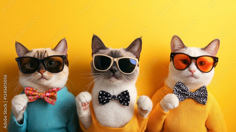 A stylish crew of cats in colorful costumes, funky sunglasses, and cute bow ties, posing for a fun and quirky promotion against yellow A stylish crew of cats in colorful costumes, funky sunglasses, and cute bow ties, posing for a fun and quirky promotion against yellow