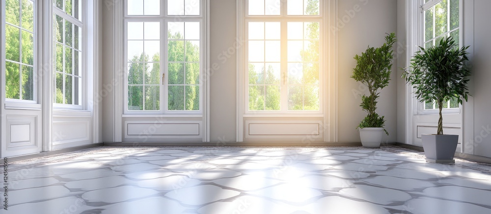 Fototapeta premium Sunlit spacious room with large bay windows, bright natural light streaming in, lush green plants in corners, soft gray stone floor tiles.