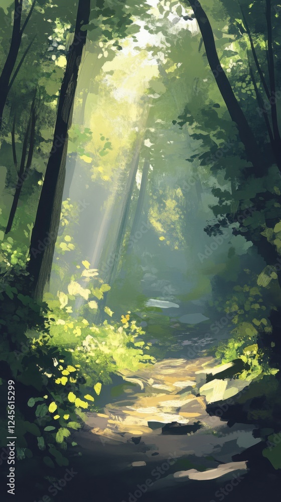 Sunlit Forest Path - Serene Green Nature Digital Painting Sunlit Forest Path - Serene Green Nature Digital Painting