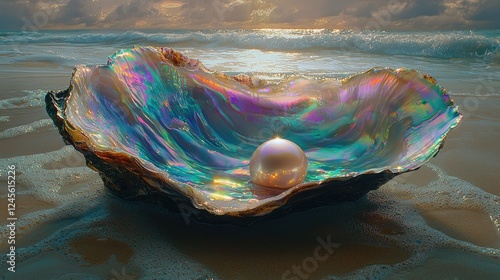 Iridescent Oyster Shell Holds Precious Pearl On Beach