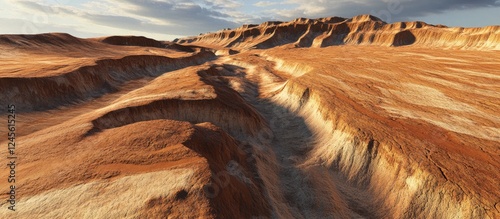Vast arid landscape with deep soil erosion patterns in earthy tones of brown and beige highlighting the effects of aridity on soil degradation