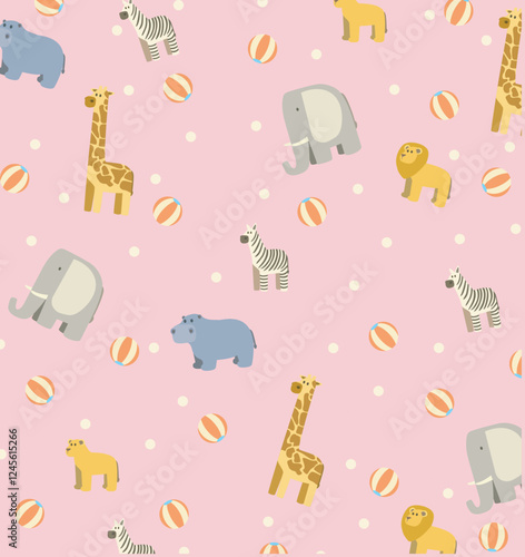 seamless pettern children kids cute animals carton style africa circus elephant giraffe hippo zebra lion. pink girl easy walpaper