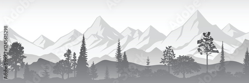 Mountain range and forest isolated on white background, seamless border, panoramic view, vector illustration