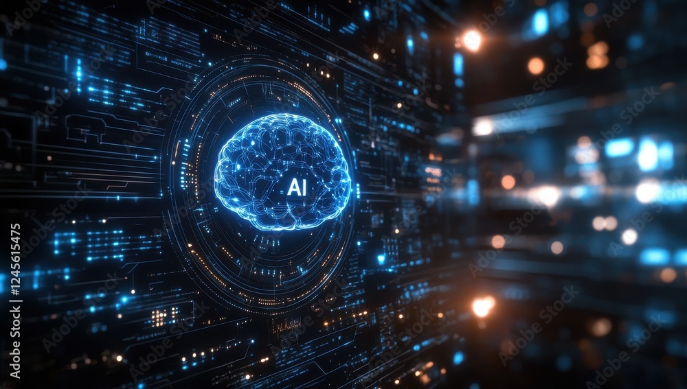Obraz premium Futuristic Digital Brain Representation with AI Concept Surrounded by Data Streams and Glowing Connections
