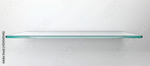Glossy white glass display shelf with clear edges positioned centrally against a clean white background ideal for showcasing merchandise.