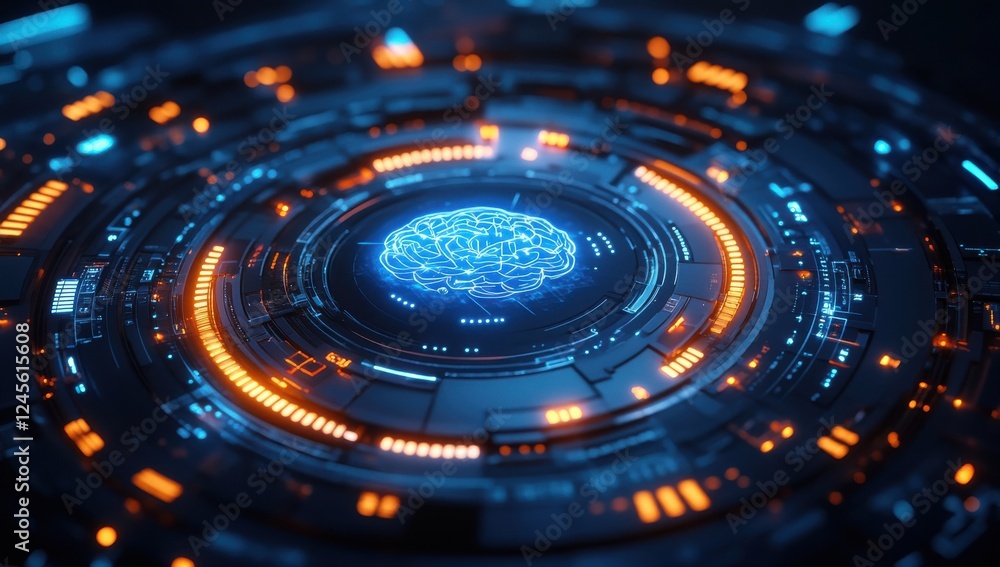 Futuristic Digital Brain Representation with Glowing Circuits and Technology Elements in a Sci-Fi Inspired Environment Futuristic Digital Brain Representation with Glowing Circuits and Technology Elements in a Sci-Fi Inspired Environment