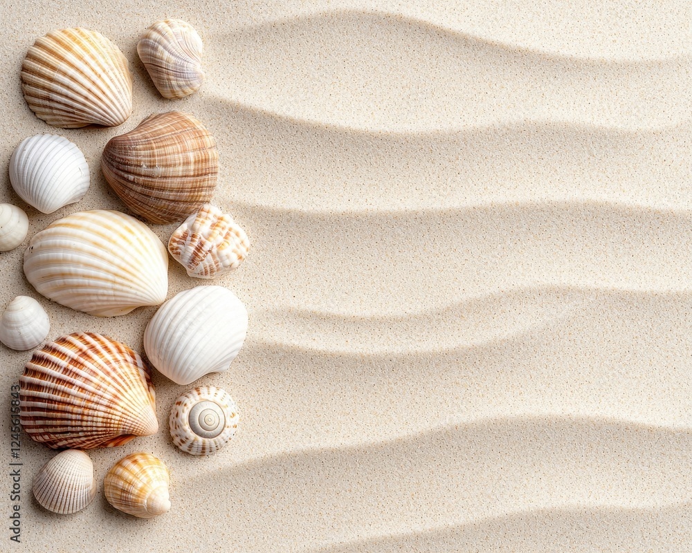 A serene arrangement of various shells on soft sandy waves, creating a tranquil coastal scene. A serene arrangement of various shells on soft sandy waves, creating a tranquil coastal scene.