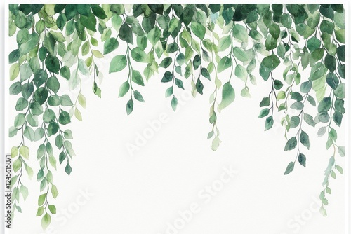 A lush arrangement of green leaves hanging down against a soft white background, creating a fresh and peaceful botanical ambiance.