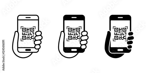 QR code scan icon. Mobile phone scanning QR code vector. Hand holding a phone with scanner symbol. Vector illustration.