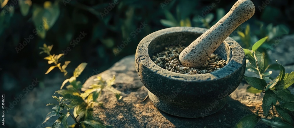 Mortar and pestle on stone surface surrounded by green foliage in soft natural light highlighting textured details and earthy tones. Mortar and pestle on stone surface surrounded by green foliage in soft natural light highlighting textured details and earthy tones.