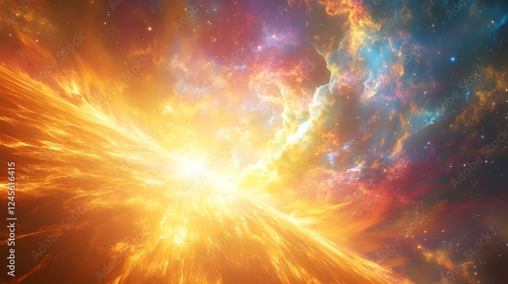 Fototapeta premium Bright orange and yellow solar flares burst outward from the sun creating a stunning light explosion