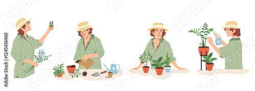 Lively set of joyful woman caring for potted plants, showcasing home gardening and houseplant care. Flat vector illustration highlights trend of nurturing greenery indoors isolated on white background