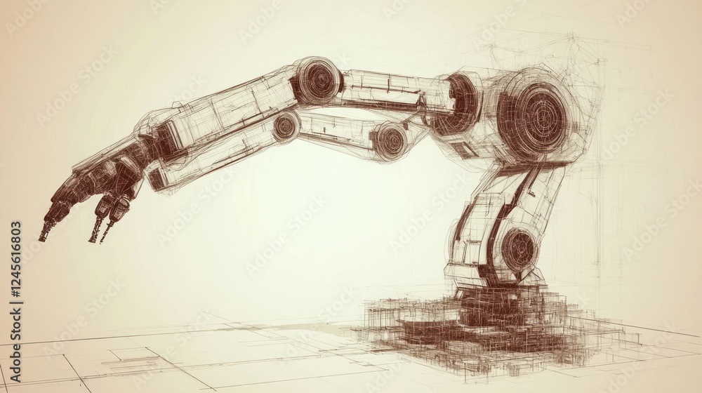 Fototapeta premium Robotic arm sketch, mechanical design, engineering.