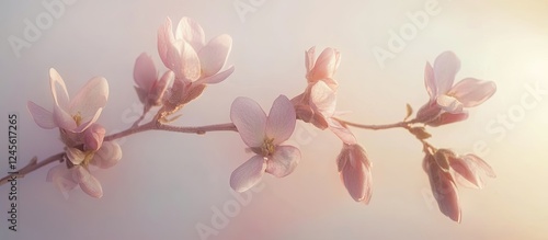 Delicate pink blossoms on a branch with soft light hues creating a serene floral background evoking tranquility and beauty in nature.