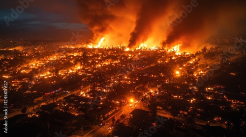 Aerial view of a large city fire, with emergency lights visible amid the chaos
