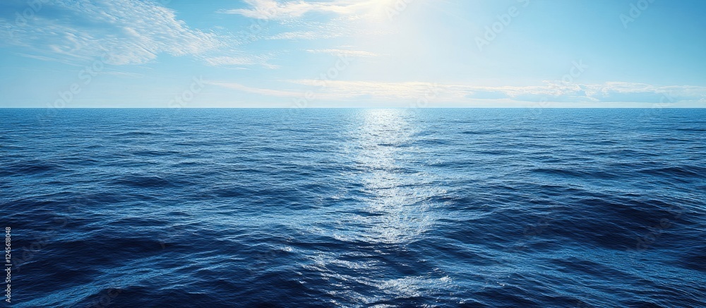 Obraz premium Aerial view of calm blue ocean waves under a bright sunny sky with soft clouds reflecting sunlight creating a tranquil and serene atmosphere
