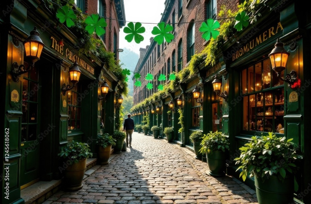 A cobblestone street adorned with green banners and shamrocks, leading to a historic Irish pub with golden light spilling out from its windows. st Patrick day A cobblestone street adorned with green banners and shamrocks, leading to a historic Irish pub with golden light spilling out from its windows. st Patrick day