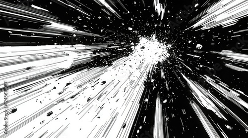 Abstract Black and White Space Debris Explosion