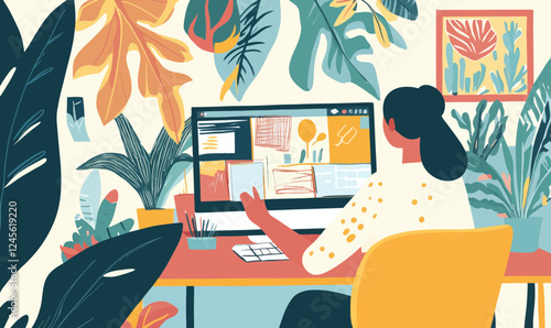 Digital Content Creation Workspace with Colorful Elements and Plants in Minimalist Style