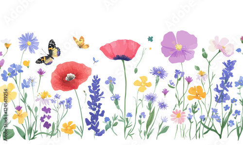 Vibrant Summer Wildflower Meadow with Butterflies: Poppies, Chamomile, Dandelions, Cornflowers