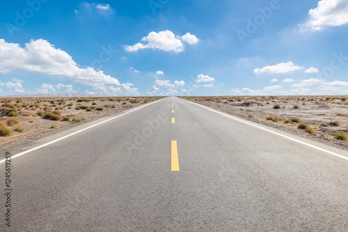 Straight asphalt road stretches through the desert to the distant horizon