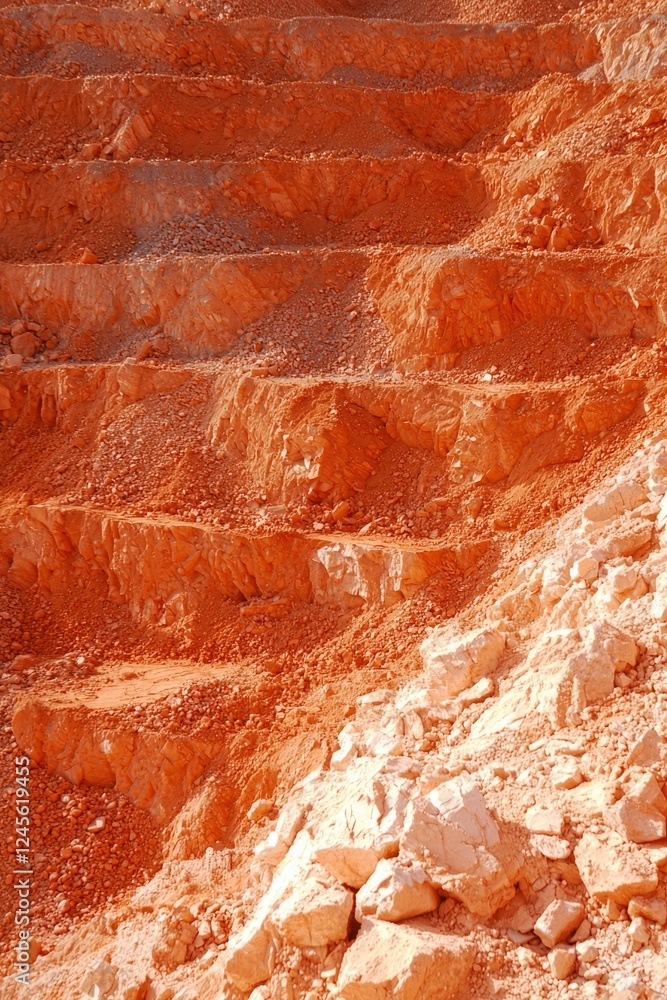 Fototapeta premium Red Clay Quarry Showing Terraced Layers And Rock Formations