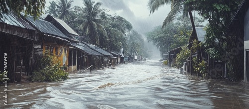 Flooded rural street with palm trees on both sides, subdued gray sky, and water rising to house levels, capturing nature's disruptive power. photo