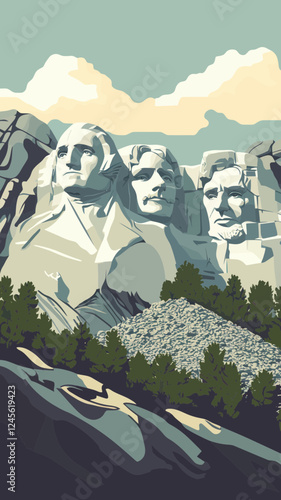Mount Rushmore WPA Poster Art: Shrine of Democracy in Art Deco Vector Style