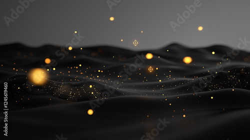 Glowing particles floating above a dark, wavy landscape with a smooth texture creating a sense of depth and intrigue in a digital art style.