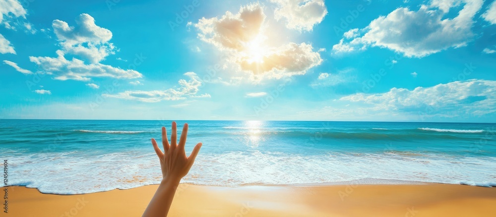 Person reaching out with one arm against a bright blue sky above a tranquil beach scene featuring gentle waves and warm golden sand. Person reaching out with one arm against a bright blue sky above a tranquil beach scene featuring gentle waves and warm golden sand.