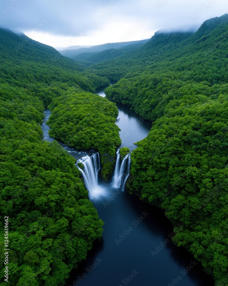 A stunning aerial view of a lush green landscape with waterfalls flowing into a serene river surrounded by mountains. A stunning aerial view of a lush green landscape with waterfalls flowing into a serene river surrounded by mountains.