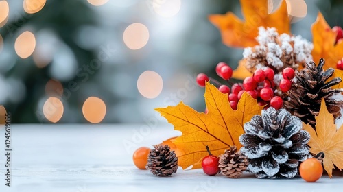 Autumnal arrangement pinecones, berries, leaves, snow, bokeh background; holiday greeting card