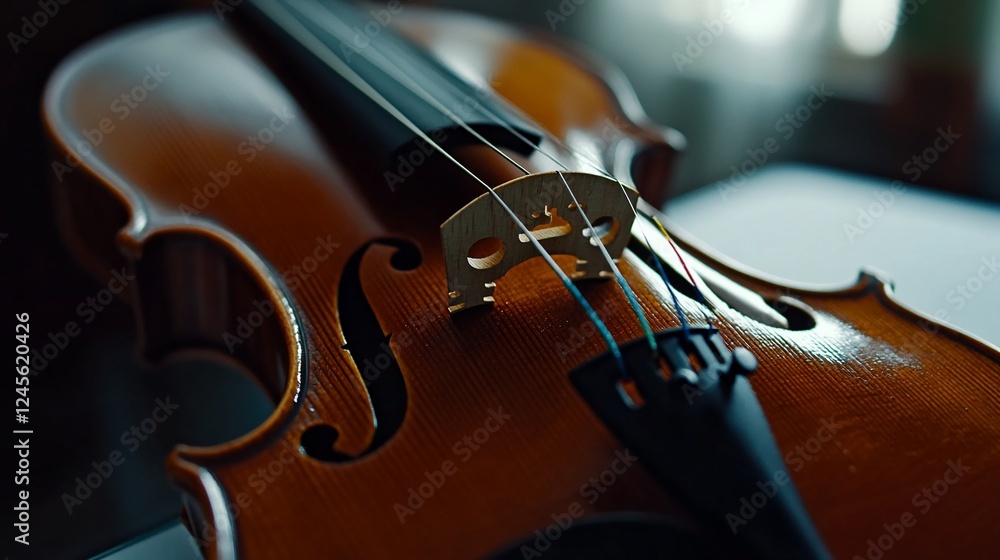 Fototapeta premium Close-up of a Violin's Bridge and Strings: A Symphony of Wood and Sound