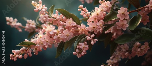 Delicate pink elaeagnus multiflora flowers in bloom on lush green branches, showcasing vibrant hues against a softly lit background.
