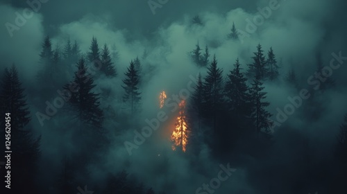 An aerial view of a forest fire, showing both green trees and charred, smoking areas