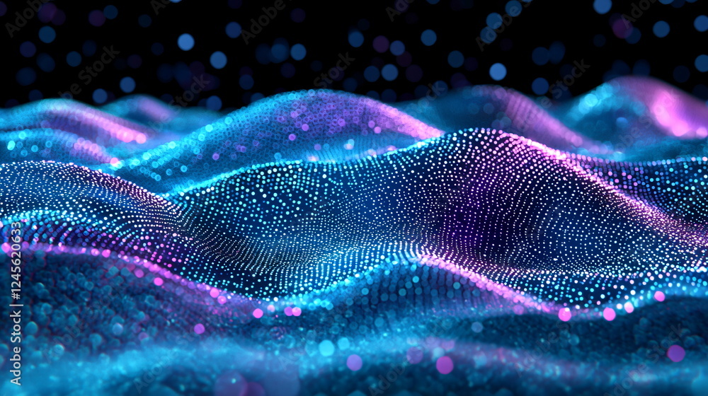 Vibrant, flowing waves of digital particles create a mesmerizing abstract landscape with glowing blue and purple tones against a dark background. Vibrant, flowing waves of digital particles create a mesmerizing abstract landscape with glowing blue and purple tones against a dark background.