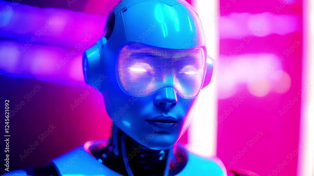 High-Contrast Cyborg Portrait with Glossy Finish and Eerie Atmosphere High-Contrast Cyborg Portrait with Glossy Finish and Eerie Atmosphere