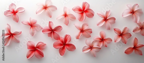 Aerial view of pink and white plumeria blossoms elegantly scattered on a bright white surface creating a serene and vibrant floral composition