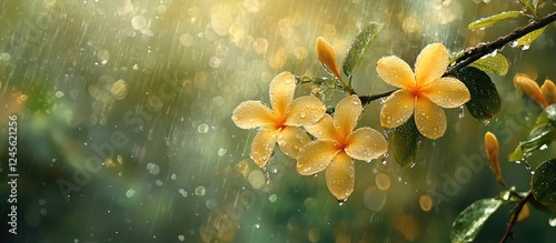 Yellow flowers with rain droplets glistening on petals against a blurred green background creating a serene and refreshing atmosphere.