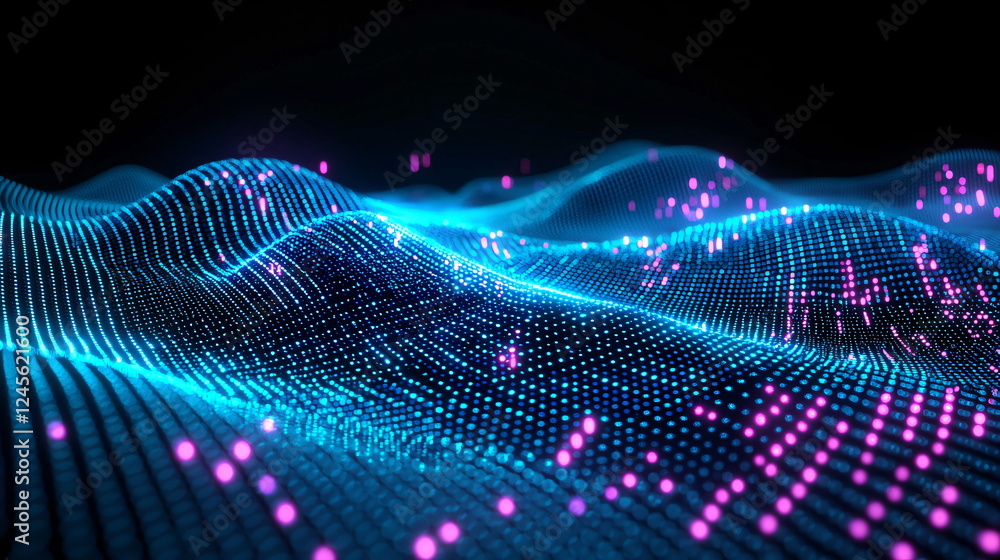 custom made wallpaper toronto digitalGlowing digital landscape with flowing waves of blue and pink light creating an abstract representation of sound waves or data visualization in a dark environment.