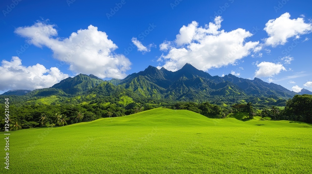 Majestic mountain range rising above lush green fields in tropical paradise nature photography scenic view vibrant atmosphere Majestic mountain range rising above lush green fields in tropical paradise nature photography scenic view vibrant atmosphere