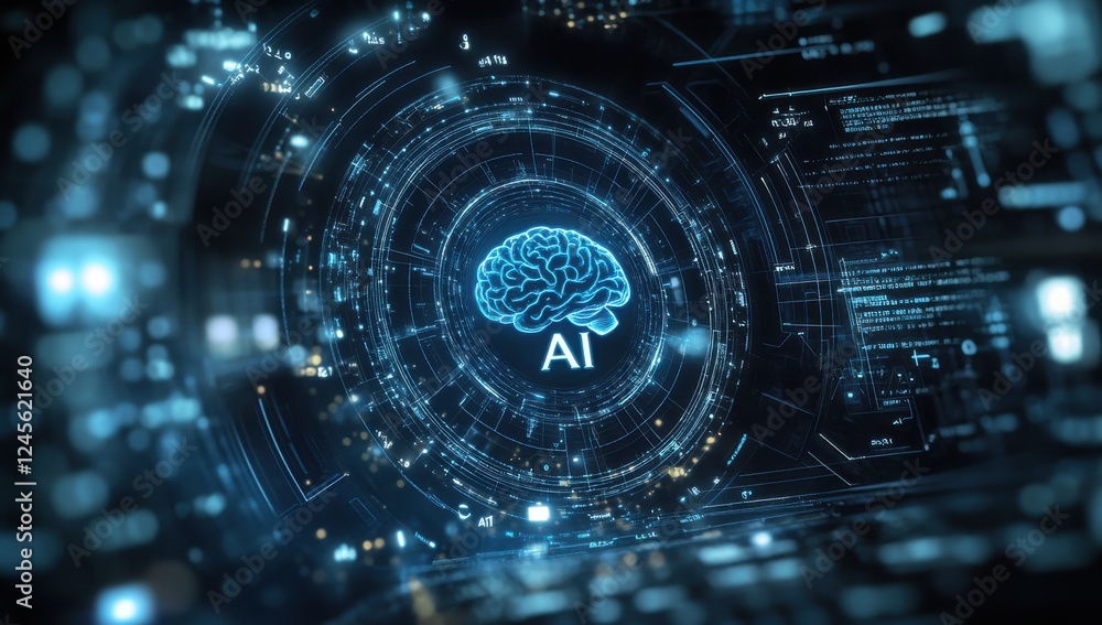 Fototapeta premium Futuristic Digital Representation of Artificial Intelligence Concept with Brain and Technical Data Visualization in a High-Tech Environment