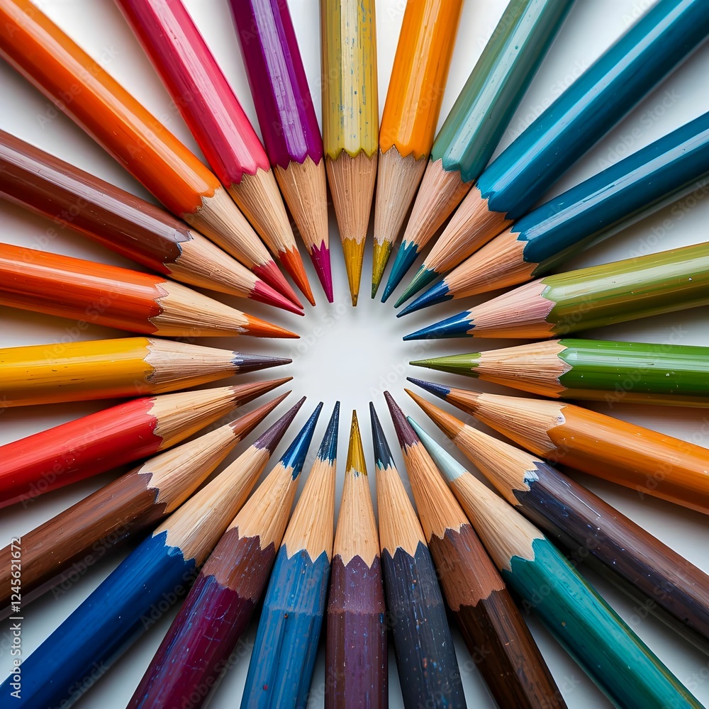 close-up Set of sharpened colored pencils arranged in a circle on a white background, close-up Set of sharpened colored pencils arranged in a circle on a white background,
