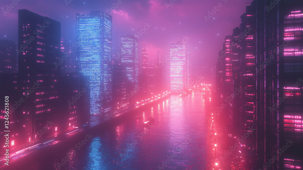Neon-lit cityscape at night with skyscrapers reflecting on a river, illuminated by vibrant pink and blue hues amidst a foggy atmosphere. Neon-lit cityscape at night with skyscrapers reflecting on a river, illuminated by vibrant pink and blue hues amidst a foggy atmosphere.